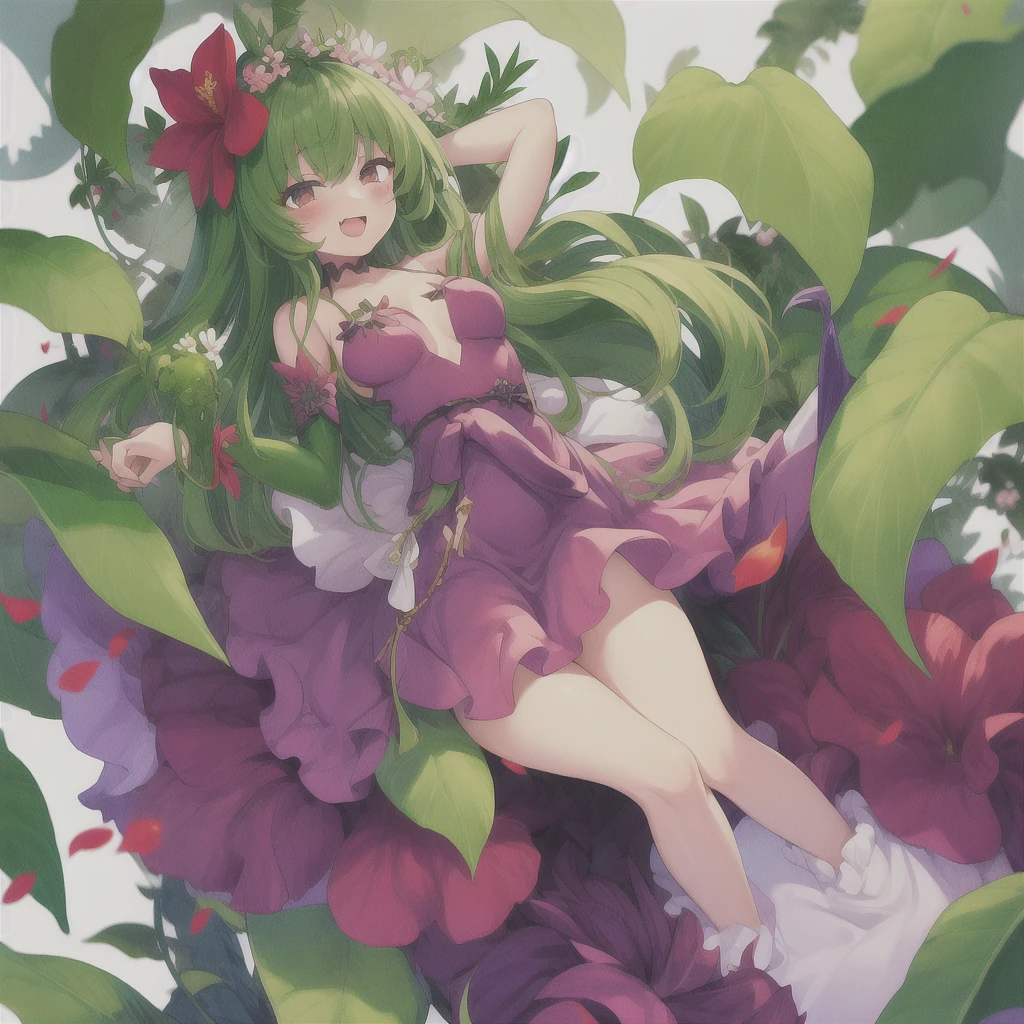 alraune girl, flower monster girl, (fleshy flower petal dress fused at waist),white background