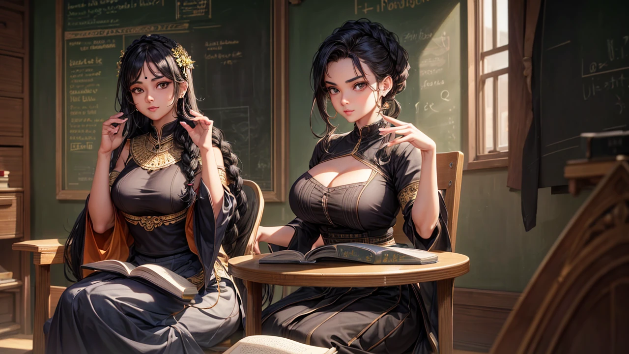 Best quality, masterpiece, Beautiful, young indian woman, teacher, college, looking straight at viewer, wearing elegant black full sleeve top and long skirt, college classroom, sitting on chair, professionalism, age, detailed face, detailed body, symmetric face, cute face, dynamic pose, perfect anatomy, holding books with hands, photorealistic, curvy body, braid hair, 8k, ultra realistic, blackboard background, ambient occlusion