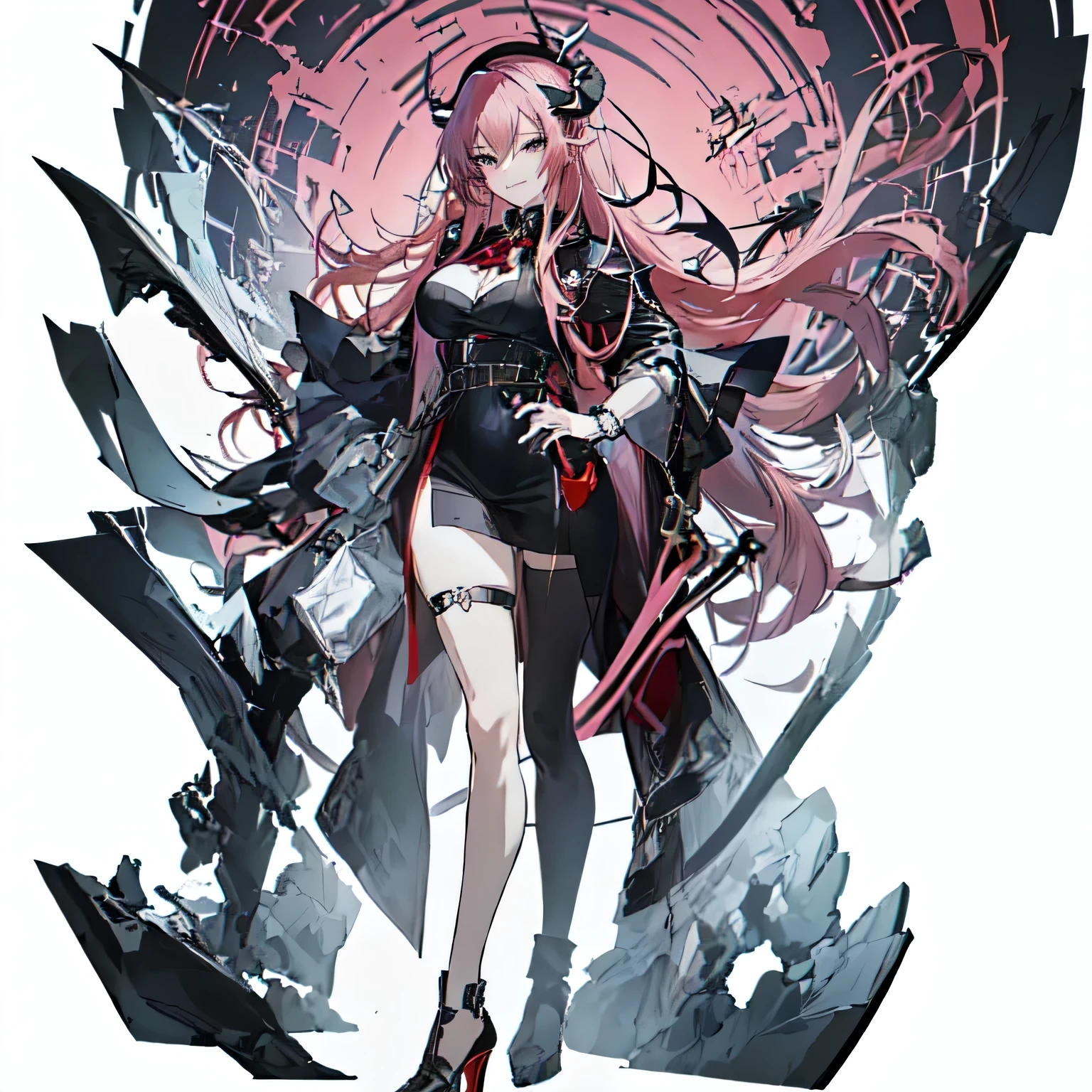 masterpiece, high definition, anime girl with long pink maroon hair with horns and red beret. standing, looking at viewer, smirk, carrying a watch, elegant, sexy, costume ornament, succubus, tail, detailed black dress with red line, background