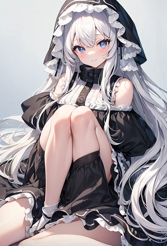 ((Highest quality)), ((masterpiece)), ((Very detailed)), (Very mature),A cute high school girl with a gentle look, white hair and about 165cm tall.，A high school girl with a cute smile and ample breasts wearing a transparent black wavy top with a cute patterned hood that shows off her shoulders, 顔が若干縦方向に長いbright笑顔の女性，Small Faced Woman，alone, Cute attitude,(background(bright)，Long Hair - Straight，Knee-high socks、A transparent white veil with a cute pattern and a hood with white off-the-shoulders，White wall、Sitting、Facing the viewer、縁に模様がある壁が1面のbackground
