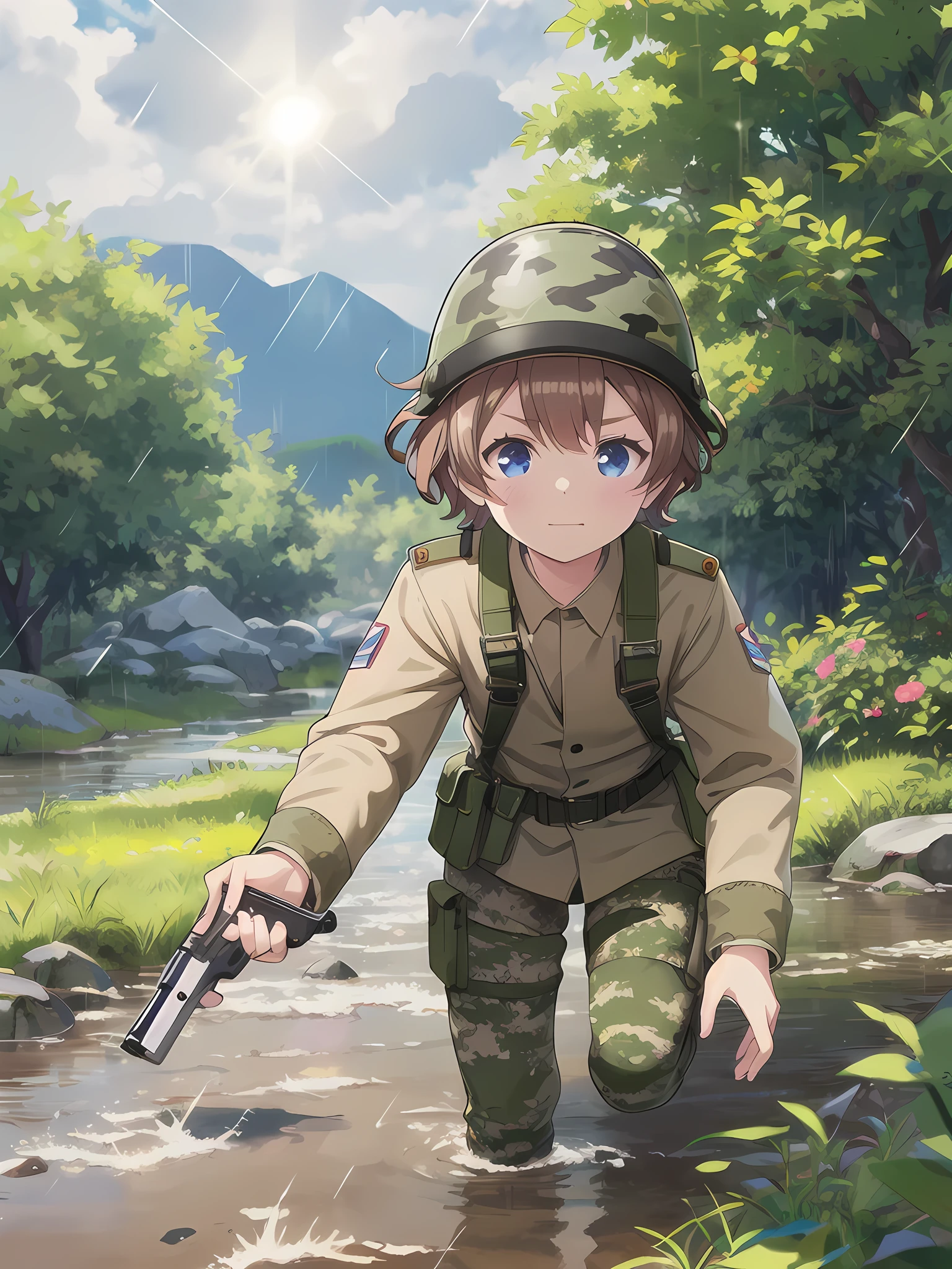 Highest quality,masterpiece,,blue eyes,Outdoor,Lens flare, 顔 focus,Brown Hair, short hair, Military camouflage uniform,Green helmet,heavy rain,In the mountains,cloudy,Muddy clothes,He has a gun,Crawling on the ground,Point the gun this way