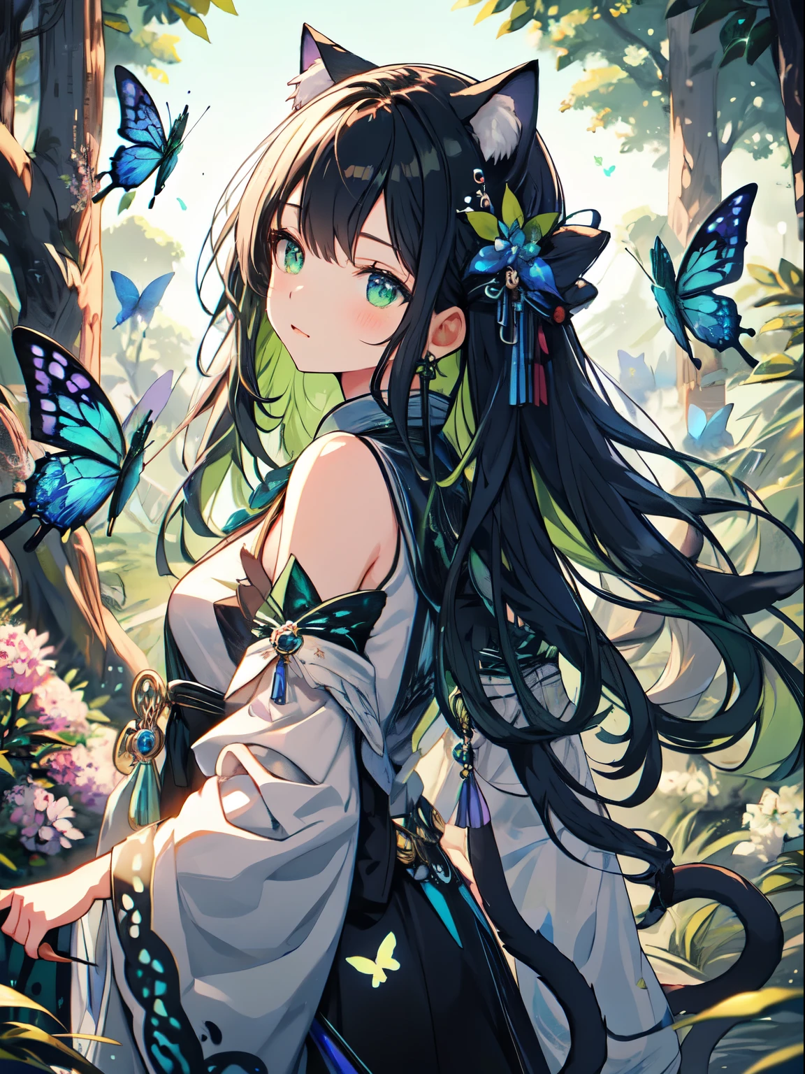 ((best quality)), ((masterpiece)), (detailed),  1nekogirl ((neko ears)), ((cat tail)) ((painting)) with a small brush a wall. the paint become reality and it's a portal to another green fantastic world full of butterflies, trees, flows, she has s little genuine smile. high amount of vibrant colors, green blue red purple yellow staines
