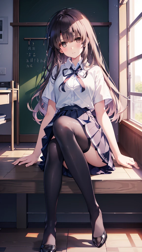 (8K、Best image quality、Highest quality、masterpiece)、One tall girl、((whole body))、Sit on the floor with your legs spread、White panties are visible、Long Hair、Wavy Hair、blush、Medium Bust、White collared shirt、Short sleeve、((Checkered pleated mini skirt))、Classroom Background、((black tights))、Black Pantyhose、((No shoes))