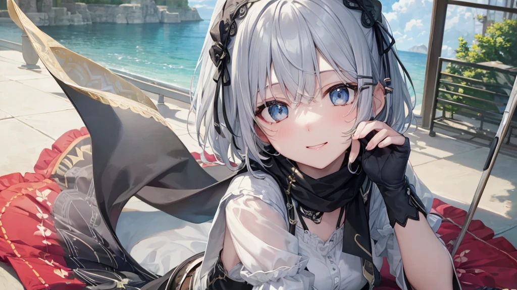 Her eyes were shining、Mysterious and enchanting atmosphere。With AI Painting、とてもShort Hair, Long bangs between the eyes, Very detailed,(masterpiece、Highest quality)、alone、Gray Hair、Fantasy, Silver Hair, Fantasyな風景、White shirt、smile、Open your mouth、Scarf、short hair、Short Hair、hairpin、black eye、Grey Eyes、Beautiful Eyes
