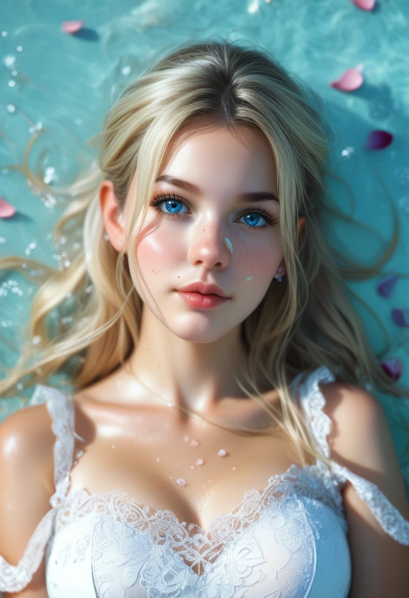 high quality, 1Woman, (((beautiful blonde american female dilf))), (((Pink swim suit))), (((blue eyes))) (((in Dream pool)))