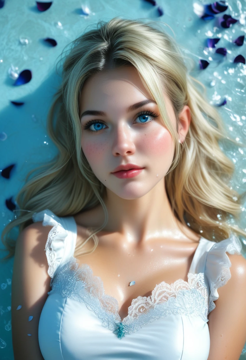 score_9, score_8_above, score_7_above, 1girl, realistic, Girl's profile picture, blonde green long hair with bangs, light blue petals on cheeks, blue_eyes, realistic skin texture, detailed picture, upper_body, HD32k