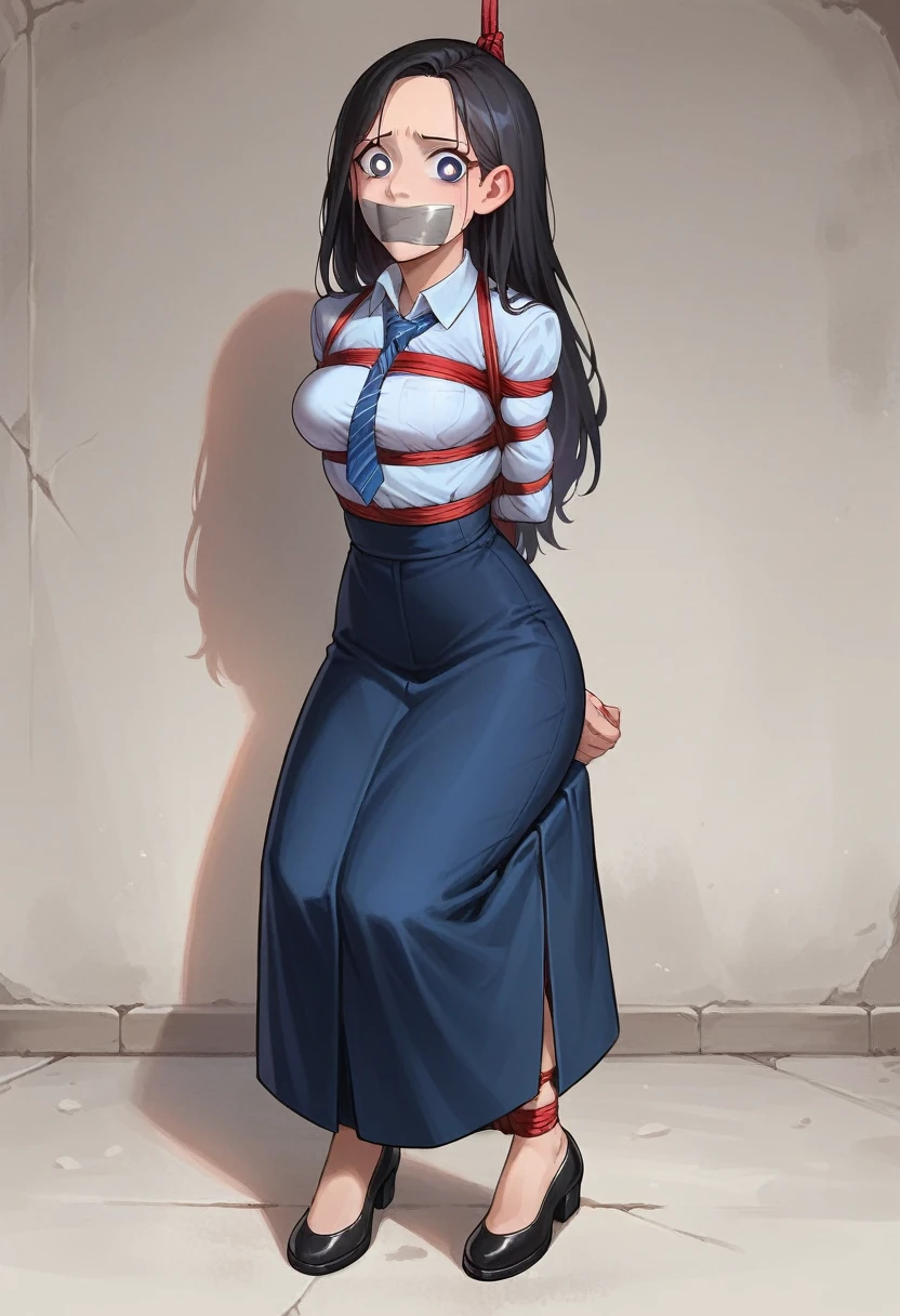 she is wearing a consisting of a white long-sleeved shirt with a blue tie and a blue skirt. The shirt has several patches,including a red and white flag on the left side and a school emblem on the pocket,black hair, long hair , long blue skirt, long skirt, high-waist skirt, pencil skirt,shoes,bound with an excessive amount of ropes), (bound wirsts), (arms behind back), (tapegag, tape gag), dramatic, (looking at viewer), (detailed pupils:1.3) masterpiece, (best quality), perfect eyes, bound, bondage, (arms behind back:1.4), bdsm, tape gag, rope, rope bondage, close-up, restrained,curled up, best anatomy, full body, standing