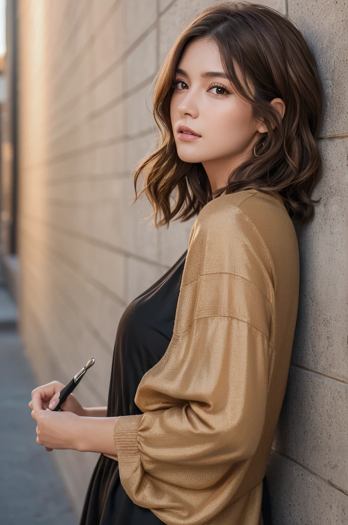 (masterpiece:1.3), (8K, Realistic, RAW Photos, Highest quality: 1.4), (One Girl), Beautiful Face, (Realistic Face), (Brown Hair, Short hair with loose waves:1.3), Beautiful Hairstyles, Realistic eyes, Beautiful details, (Realistic Skin,Landscape,Look away,Looking Up,Brush your hair up), Beautiful Skin, (Nice dress,Big size,Black Dress,Long sleeve), Absurd, charm, Ultra-high resolution, Ultra-realistic, Very detailed, Golden Ratio,Concrete wall,