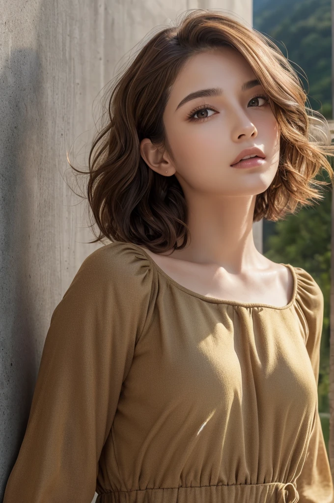 (masterpiece:1.3), (8K, Realistic, RAW Photos, Highest quality: 1.4), (One Girl), Beautiful Face, (Realistic Face), (Brown Hair, Short hair with loose waves:1.3), Beautiful Hairstyles, Realistic eyes, Beautiful details, (Realistic Skin,Landscape,Look away,Looking Up,Brush your hair up), Beautiful Skin, (Nice dress,Big size,Black Dress,Long sleeve), Absurd, charm, Ultra-high resolution, Ultra-realistic, Very detailed, Golden Ratio,Concrete wall,