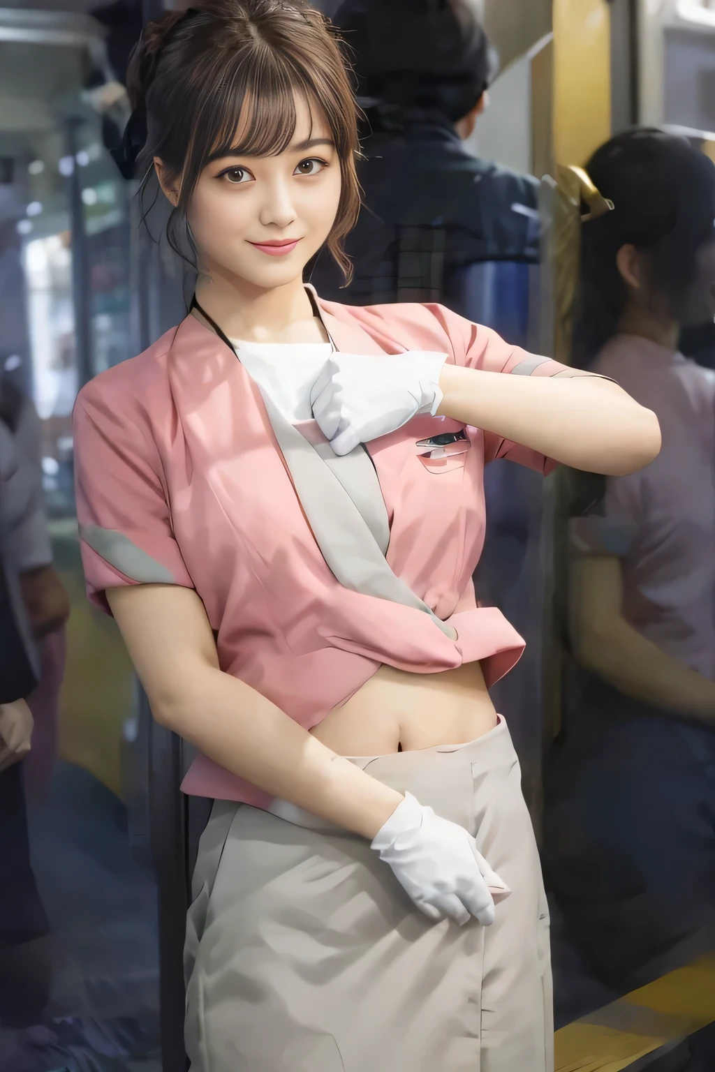 Showing your belly button、(masterpiece:1.2, Highest quality:1.2), 32k HDR, High resolution, (alone、1 girl)、 (Height: 160cm)、(On the rooftop of a building in the daytime、Professional Lighting)、Building rooftop background、(Nankai train crew uniform pinkを着たリアルスタイル)、(Nankai train crew uniform pink short sleeve collarless pink jacket、Nankai Train Crew Uniform Pink Collarless Short Sleeve Blouse、Nankai Train Crew Uniform Pink Grey Knee-length Culottes)、(The pink jacket is showing from the culottes.)、Dark brown hair、(Hair tied up、Hair tied up、Evening curly hairstyle)、Dark brown hair、Long Shot、Big Breasts、Thin legs、((Great hands:2.0)),((Harmonious body proportions:1.5)),((Normal limbs:2.0)),((Normal finger:2.0)),((Delicate eyes:2.0)),((Normal eyes:2.0)))、smile、(Nankai Train Crew Uniform Pink Grey Knee-length Culottesを見せた美しい歩く姿)、Place your hands around your stomach
