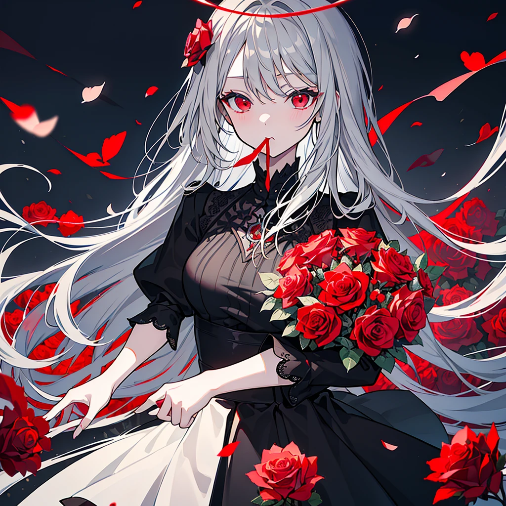 (Highest quality,最高masterpiece、Dynamic composition、Super detailed、 masterpiece), (One girl, alone, Black Dress, Are standing , View your viewers, Gray Hair, Red eyes, Holding roses, Mouth closed, Upper Body), (Red dream catcher behind, Red flower, )