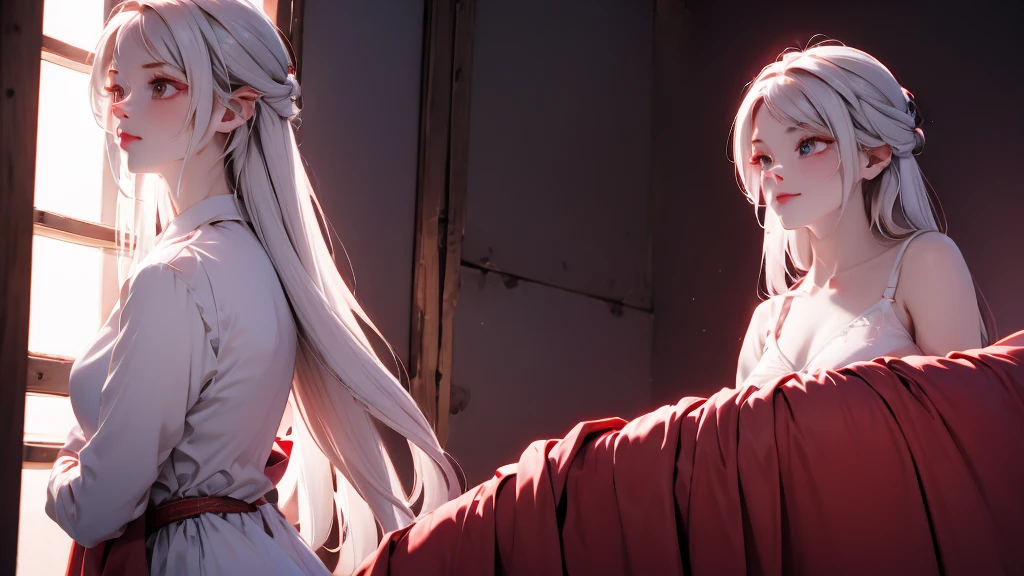 1 Girl, medium light white hair, light white eyes, wearing red Suit , night home 18+, high res, ultrasharp, 8K, masterpiece, looking from behind