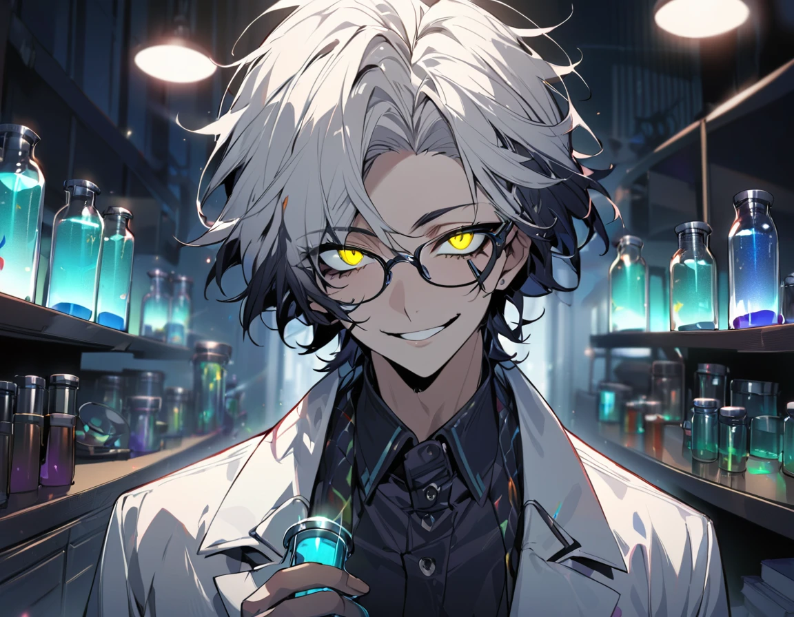 (masterpiece, best quality), detailed face, solo, 1man, messy short hair, bishounen, mad scientist, scientist coat, glasses, lens flare, maniacal smile, sharp eyes, glowing eyes, holding science test tube, in laboratory, dark shadows, contrast, science, sinister, portrait
