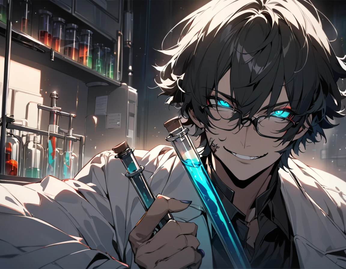 (masterpiece, best quality), detailed face, solo, 1man, messy short hair, bishounen, mad scientist, scientist coat, glasses, lens flare, maniacal smile, sharp eyes, glowing eyes, holding science test tube, in laboratory, dark shadows, contrast, science, sinister, portrait