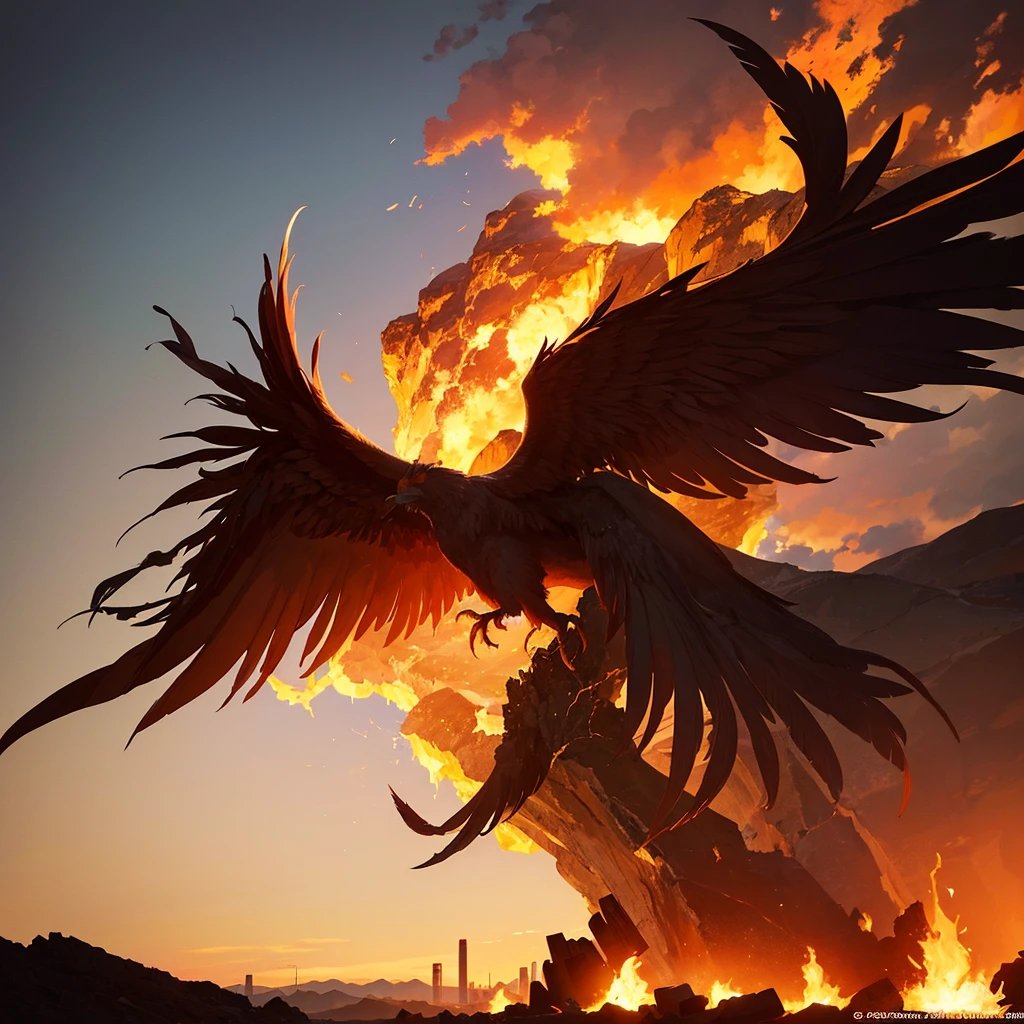 An album cover where A phoenix feather, engulfed in flames, rises from a cracked and barren landscape. In the distance, a silhouette of a city burns brightly.