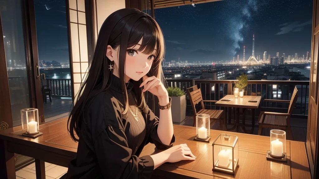 (Super detailed,High resolution,masterpiece:1.2) Night view from the balcony or terrace, You can see big fireworks。View of Japanese apartment buildings in the background. Focus on women in their 20s to 40s with calm expressions. She has stylish hair, Light Brown Hair. She is wearing a jacket over a long-sleeved top.、Accessorized with earrings, bracelet, watch. It showcases the woman&#39;s appearance and the architectural details of the surrounding buildings..(Highest quality:1.2), Super detailed, High resolution, Tabletop:1,2, Vibrant colors, Bokeh, Professional Lighting, Physically Based Rendering, Flat Color:0.8, Fine 図, Realistic:1.37, Shinkai Makoto style, Your name style, Light brown hair, Elegant update,ponytail,Bun Hair。髪型Flat Color: 0.8)、(masterpiece: 1,2)、(masterpiece: 1,2)、High resolution、Ultra high definition、Highest quality、High resolution、

Art Style: Realistic materials with a touch of surrealism: Details of additional painting illustrations: Balcony railing decorated with potted plants, A softly glowing lantern casting a gentle light on a woman, A glimmer of stars in the night sky, The city lights are reflected subtly in the nearby windows..
tone: Cool toned lighting with hints of warm accent colors: Illuminated by the soft glow of lanterns and the surrounding city lights, Creates a tranquil atmosphere.

please note，If necessary、You can add or change details and keywords，however、Make sure the overall semantics are correct，Click、Organize your keywords in the specified order。