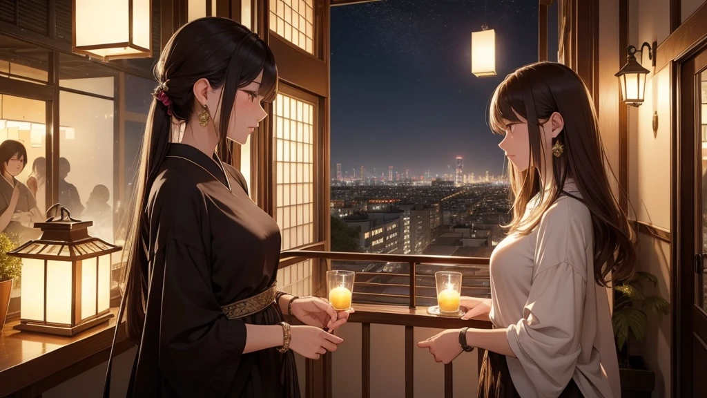 (Super detailed,High resolution,masterpiece:1.2) Night view from the balcony or terrace, You can see big fireworks。View of Japanese apartment buildings in the background. Focus on women in their 20s to 40s with calm expressions. She has stylish hair, Light Brown Hair. She is wearing a jacket over a long-sleeved top.、Accessorized with earrings, bracelet, watch. It showcases the woman&#39;s appearance and the architectural details of the surrounding buildings..(Highest quality:1.2), Super detailed, High resolution, Tabletop:1,2, Vibrant colors, Bokeh, Professional Lighting, Physically Based Rendering, Flat Color:0.8, Fine 図, Realistic:1.37, Shinkai Makoto style, Your name style, Light brown hair, Elegant update,ponytail,Bun Hair。髪型Flat Color: 0.8)、(masterpiece: 1,2)、(masterpiece: 1,2)、High resolution、Ultra high definition、Highest quality、High resolution、

Art Style: Realistic materials with a touch of surrealism: Details of additional painting illustrations: Balcony railing decorated with potted plants, A softly glowing lantern casting a gentle light on a woman, A glimmer of stars in the night sky, The city lights are reflected subtly in the nearby windows..
tone: Cool toned lighting with hints of warm accent colors: Illuminated by the soft glow of lanterns and the surrounding city lights, Creates a tranquil atmosphere.

please note，If necessary、You can add or change details and keywords，however、Make sure the overall semantics are correct，Click、Organize your keywords in the specified order。