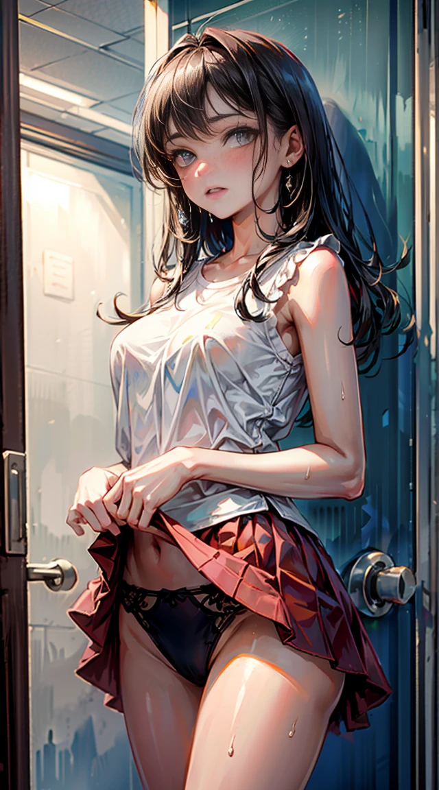 (masterpiece, best quality: 1,2), 1girl, solo,standing_split, Yuuki Mikan, long hair remaining on the floor, short black sleeveless vest, pink skirt, black, completely realistic, realistic face, perfect face, perfect eyes, showing her cut pussy through her panties, tired, tired expression, sweaty, all wet of sweat, naughty eyes.