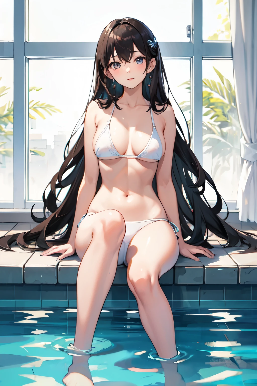 ((Highest quality)), ((masterpiece)), (detailed), high school girl,White Bikini,Long Black Hair,Night Pool