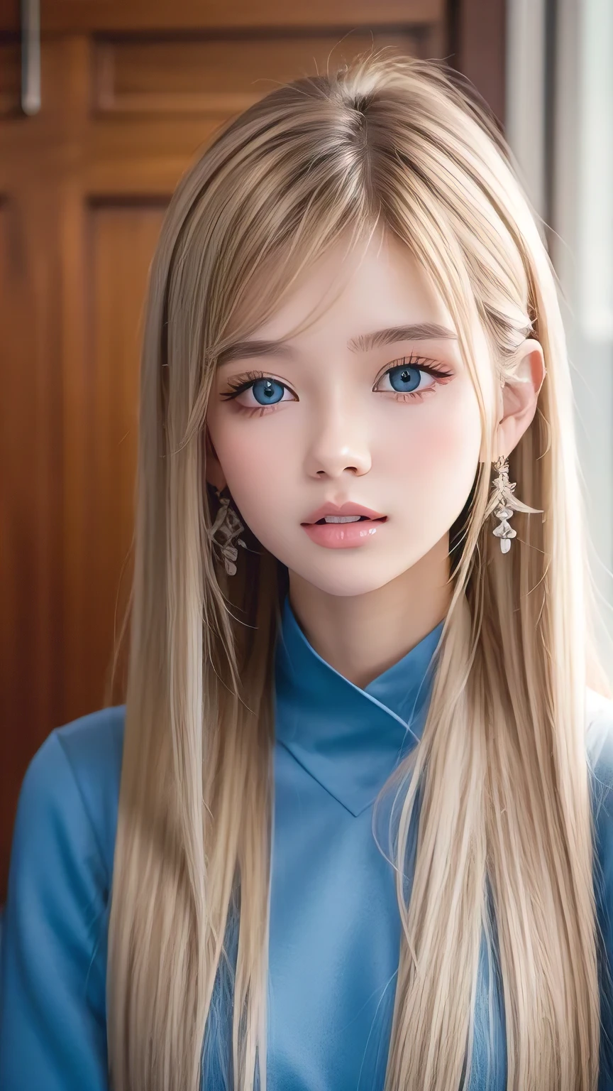 Portrait、、Bright expression、ponytail、Young, lustrous, glowing, white skin、Cheek highlight、The best beauty、Clear, silky blonde hair with dazzling highlights、Shiny bright hair,、Super long silky straight hair、Shiny beautiful bangs、Big bright blue eyes like sparkling jewels、Very beautiful lovely cute 16 year old girl、Ample Bust