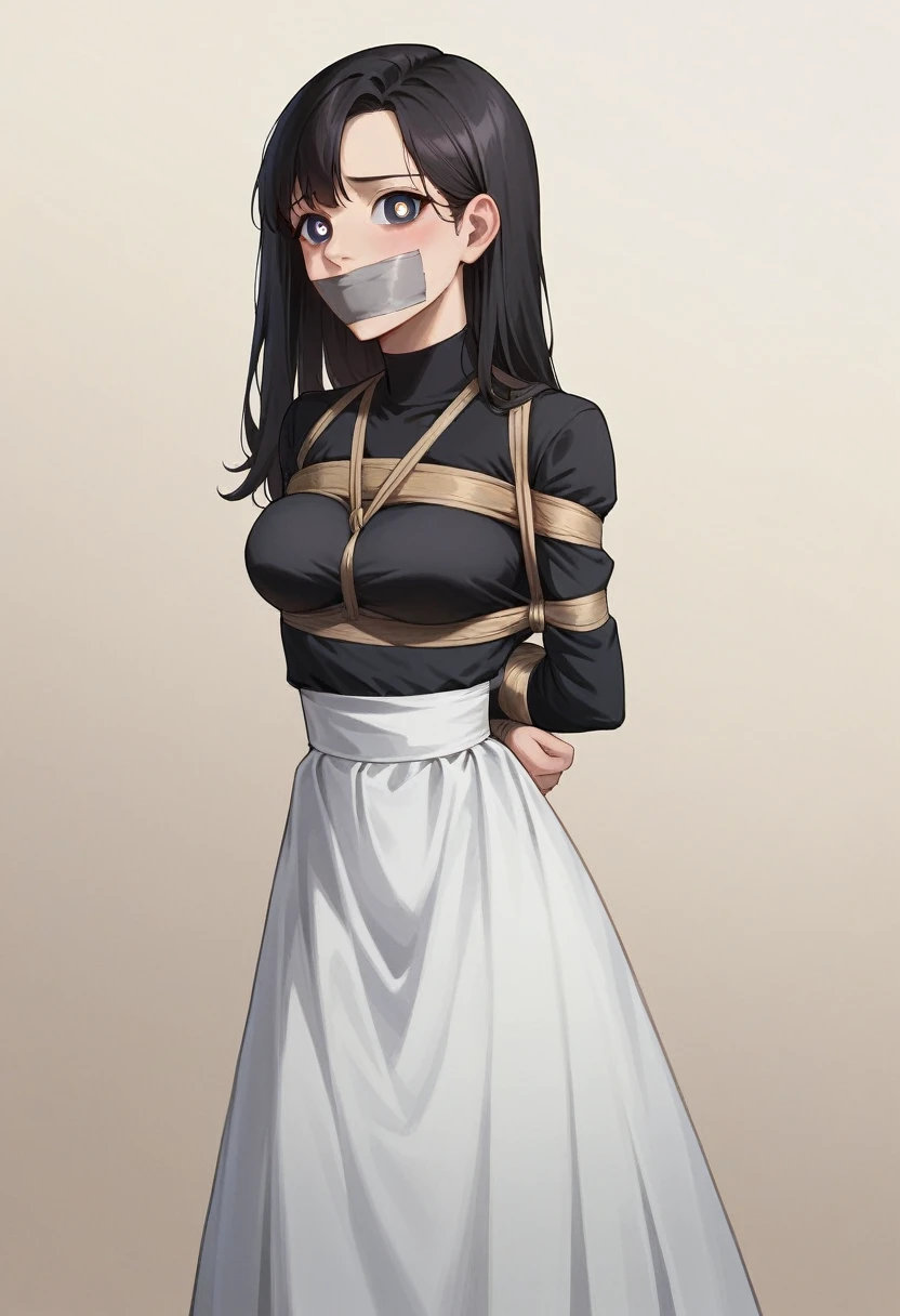bound with an excessive amount of ropes), (bound wirsts), (arms behind back), (tapegag, tape gag), dramatic,  (looking at viewer), (detailed pupils:1.3)
[20.17, 21/6/2024] Aril Nababan: masterpiece, (best quality), perfect eyes, bound, bondage, (arms behind back:1.4), bdsm, tape gag, tape, tape bondage, close-up, restrained,curled up, best anatomy, Girl, black hair, long skirt, white skirt, black shirt, long hair, long sleeves,high-waist skirt