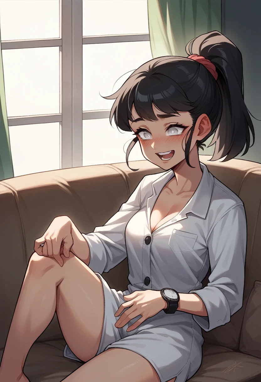 Young girl,with a very beautiful appearance,Medium breasts, sexy body,black hair tied into a high ponytail with a black elastic band,white eyes, dressed in sexy pajamas,sitting on the couch with his younger brother,naked little brother naked, they watch cartoons on TV,she shows her little brother her tits, girl with an excited look, the boy smiles and holds his sister by her chest, are in the apartment