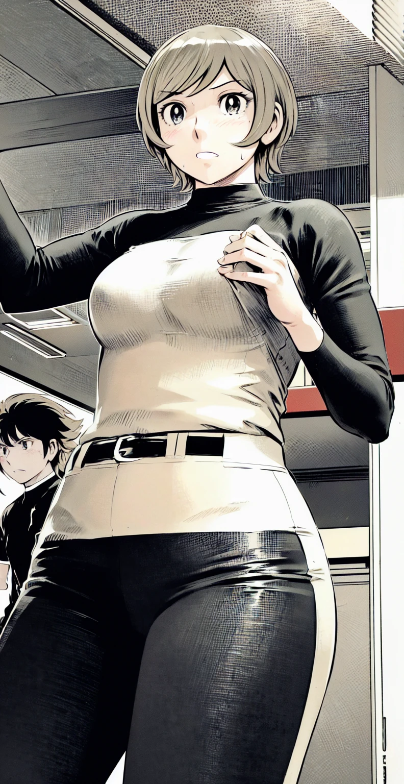 (野球uniform:1.2),
Blonde Hair, (short hair:1.2),Long sleeve, Black Shirt, turtleneck,White trousers、uniform、Black belt、((Illustration of people))、Big Boobs、
View Audience,, (Highest quality:1.3),One Girl, White pants、uniform、indoor、baseball 、White wall、blue eyes、Tight black shirt、(masterpiece、Highest quality)、Highest quality, Ultra-high resolution, (((masterpiece))), alone, Sweat、Big eyes、Big Breasts、One Girl, Front view、Embarrassed face、Bronze colored hair、((short hair))、Stand up straight、Cowboy Shot