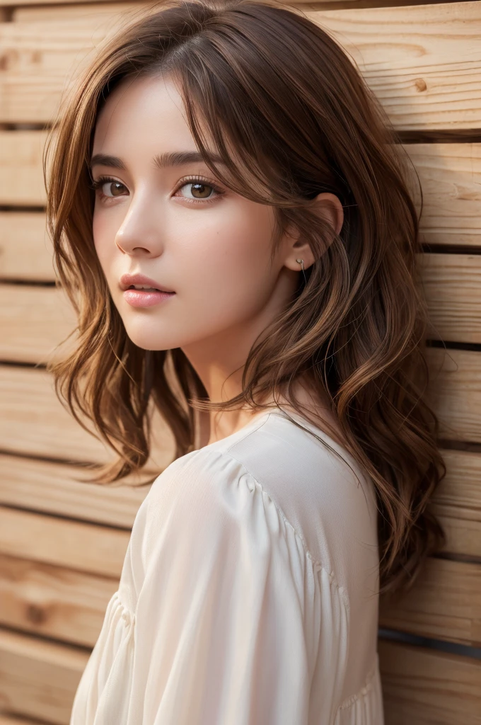 (masterpiece:1.3), (8K, Realistic, RAW Photos, Highest quality: 1.4), (One Girl), Beautiful Face, (Realistic Face), (Brown Hair, Short hair with loose waves:1.3), Beautiful Hairstyles, Realistic eyes, Beautiful details, (Realistic Skin,Landscape,Look away,Looking Up,Brush your hair up), Beautiful Skin, (Nice dress,Big size,Black Dress,Long sleeve), Absurd, charm, Ultra-high resolution, Ultra-realistic, Very detailed, Golden Ratio,White wooden plank wall,