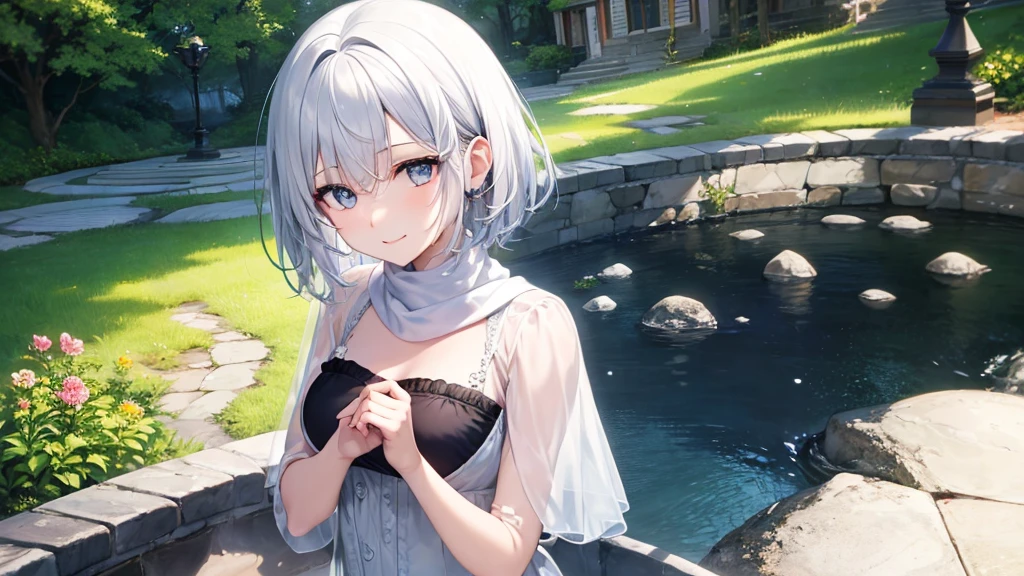 Her eyes were shining、Mysterious and enchanting atmosphere。With AI Painting、とてもShort Hair, Long bangs between the eyes, Very detailed,(masterpiece、Highest quality)、alone、Gray Hair、Fantasy, Silver Hair, Fantasyな風景、White shirt、smile、Open your mouth、Scarf、short hair、Short Hair、hairpin、black eye、Grey Eyes、Beautiful Eyes