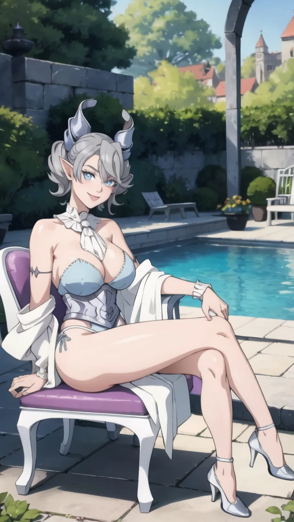 　garden sun light High level image quality　best image quality　8K　 adult woman   silver castle outside  more colors   whole body view　portrait　 bikini   　horn    ears  　short hair（（shortcut）（gray hair）（perm）（fluffy））　eye color is blue ,  , 　attractive evil face , smile   ,  sexy pose   ,  labrynth ,  barearm    , wearing white   , sitting on chair , crossed legs, view heels   , view side