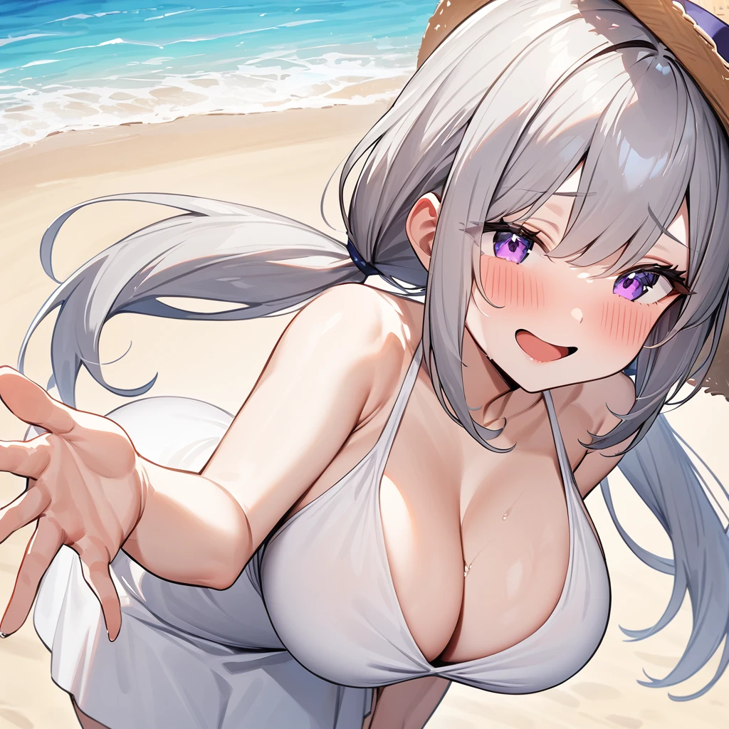 Highest quality, masterpiece, , ,short, Huge breasts, Gray Hair,Low twin tails, Purple eyes, Yukinecris, Thin twin tails,, Beach, Ocean, White Dress, White Skirt, White dress, Straw hat, (((shy))), (Happy), Leaning forward, summer, From above, Reaching out, smile,