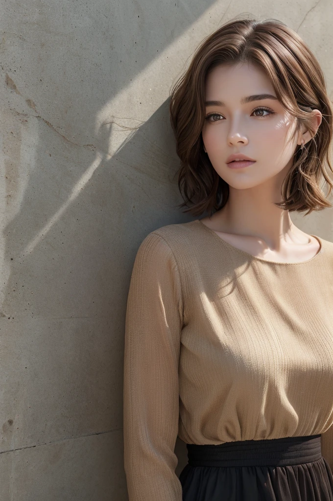 (masterpiece:1.3), (8K, Realistic, RAW Photos, Highest quality: 1.4), (One Girl), Beautiful Face, (Realistic Face), (Brown Hair, Short hair with loose waves:1.3), Beautiful Hairstyles, Realistic eyes, Beautiful details, (Realistic Skin,Landscape,Look away,Looking Up,Brush your hair up), Beautiful Skin, (Nice dress,Big size,Black Dress,Long sleeve), Absurd, charm, Ultra-high resolution, Ultra-realistic, Very detailed, Golden Ratio,Concrete wall,
