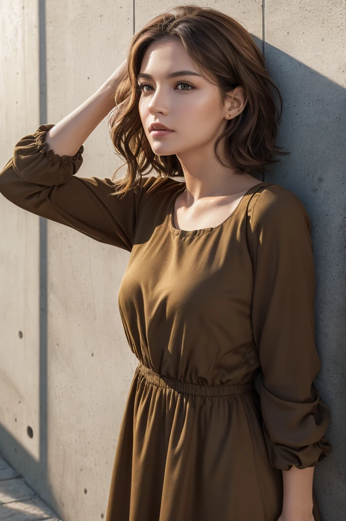 (masterpiece:1.3), (8K, Realistic, RAW Photos, Highest quality: 1.4), (One Girl), Beautiful Face, (Realistic Face), (Brown Hair, Short hair with loose waves:1.3), Beautiful Hairstyles, Realistic eyes, Beautiful details, (Realistic Skin,Landscape,Look away,Looking Up,Brush your hair up), Beautiful Skin, (Nice dress,Big size,Black Dress,Long sleeve), Absurd, charm, Ultra-high resolution, Ultra-realistic, Very detailed, Golden Ratio,Concrete wall,
