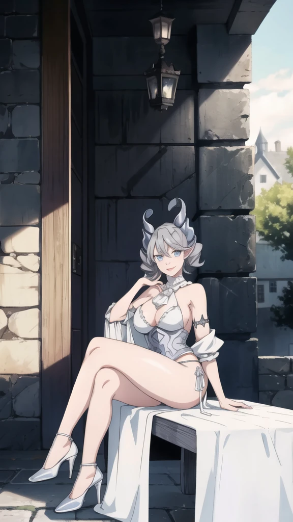 garden sun light High level image quality best image quality 8K adult woman silver castle outside more colors whole body view portrait bikini horn ears short hair((shortcut)(gray hair)(perm)(fluffy)) eye color is blue , , attractive evil face , smile , y pose , labrynth , barearm , wearing white , sitting on chair , crossed legs, view heels , view side
