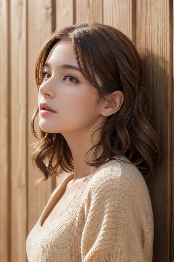 (masterpiece:1.3), (8K, Realistic, RAW Photos, Highest quality: 1.4), (One Girl), Beautiful Face, (Realistic Face), (Brown Hair, Short hair with loose waves:1.3), Beautiful Hairstyles, Realistic eyes, Beautiful details, (Realistic Skin,Landscape,Look away,Looking Up,Brush your hair up), Beautiful Skin, (Nice dress,Big size,Black Dress,Long sleeve), Absurd, charm, Ultra-high resolution, Ultra-realistic, Very detailed, Golden Ratio,White wooden plank wall,