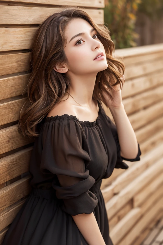 (masterpiece:1.3), (8K, Realistic, RAW Photos, Highest quality: 1.4), (One Girl), Beautiful Face, (Realistic Face), (Brown Hair, Short hair with loose waves:1.3), Beautiful Hairstyles, Realistic eyes, Beautiful details, (Realistic Skin,Landscape,Look away,Looking Up,Brush your hair up), Beautiful Skin, (Nice dress,Big size,Black Dress,Long sleeve), Absurd, charm, Ultra-high resolution, Ultra-realistic, Very detailed, Golden Ratio,White wooden plank wall,