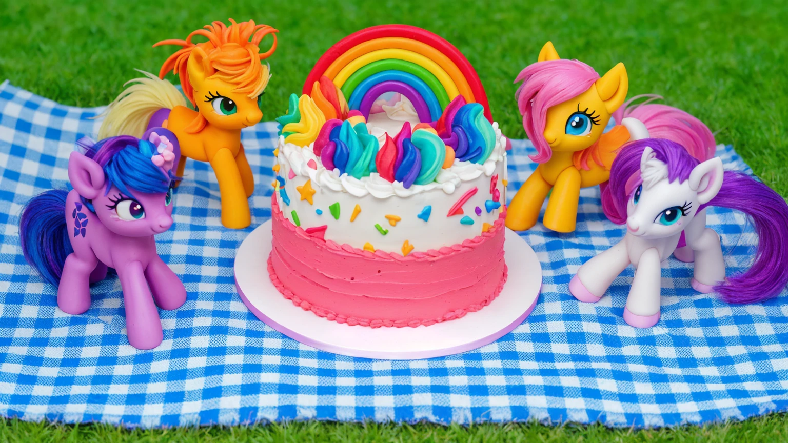 on the grass, on a pink checkered tablecloth. there is a white plate with cake, white and pink cream cake, Rainbow confectionery powder on the cake, top rainbow gradient cream, polymer clay rainbow, рядом стоят пластиковые pony toys из мультфильма My Little Pony, pony toys, purple pony with wing and horn, orange pony with hat and yellow hair, yellow pony with pink hair and wing, white pony with purple hair and horn. beautiful light, sunlight, sunny day, beautiful lighting, bright announcement, several light sources, Realistic style, realistic textures, high quality, high detail, detailed texture, ultra 4k hd