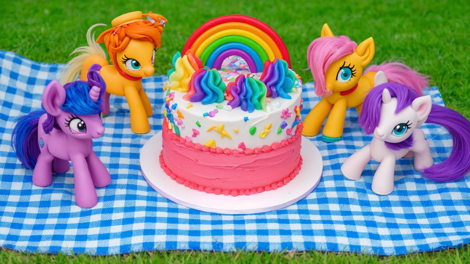 on the grass, on a pink checkered tablecloth. there is a white plate with cake, white and pink cream cake, Rainbow confectionery powder on the cake, top rainbow gradient cream, polymer clay rainbow, рядом стоят пластиковые pony toys из мультфильма My Little Pony, pony toys, purple pony with wing and horn, orange pony with hat and yellow hair, yellow pony with pink hair and wing, white pony with purple hair and horn. beautiful light, sunlight, sunny day, beautiful lighting, bright announcement, several light sources, Realistic style, realistic textures, high quality, high detail, detailed texture, ultra 4k hd