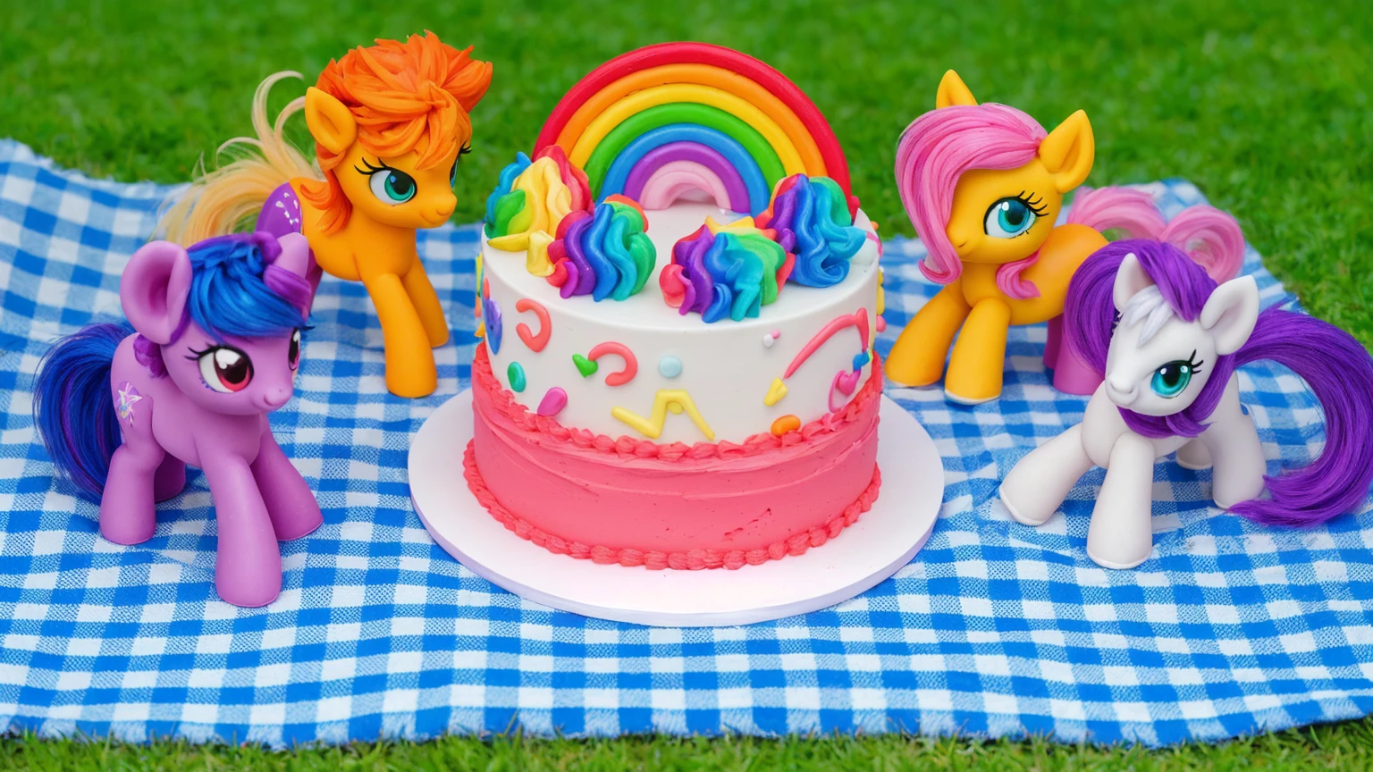 on the grass, on a pink checkered tablecloth. there is a white plate with cake, white and pink cream cake, Rainbow confectionery powder on the cake, top rainbow gradient cream, polymer clay rainbow, рядом стоят пластиковые pony toys из мультфильма My Little Pony, pony toys, purple pony with wing and horn, orange pony with hat and yellow hair, yellow pony with pink hair and wing, white pony with purple hair and horn.  beautiful light, sunlight, sunny day, beautiful lighting, bright announcement, several light sources, Realistic style, realistic textures, high quality, high detail, detailed texture, ultra 4k hd