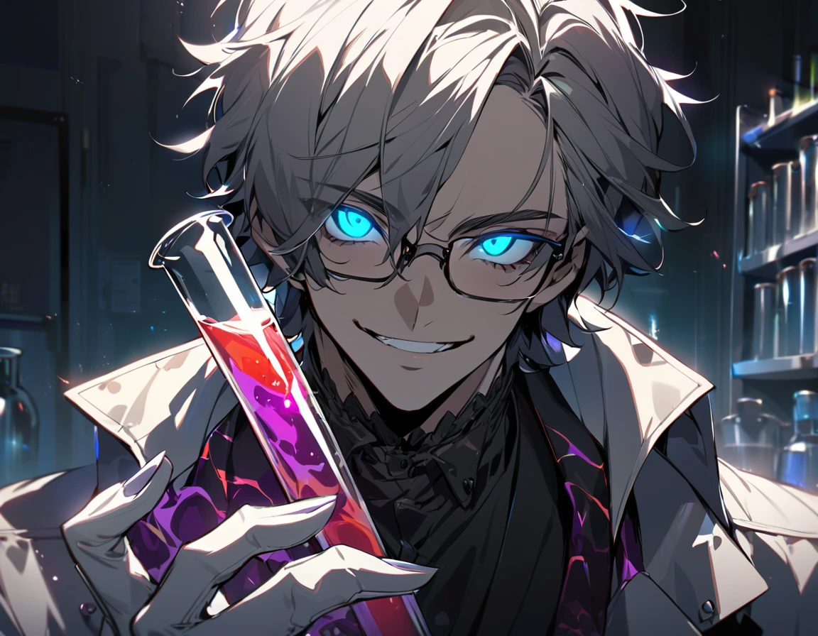 (masterpiece, best quality), detailed face, solo, 1man, messy short hair, bishounen, mad scientist, scientist coat, glasses, lens flare, maniacal smile, sharp eyes, glowing eyes, holding science test tube, in laboratory, dark shadows, contrast, science, sinister, portrait, handsome
