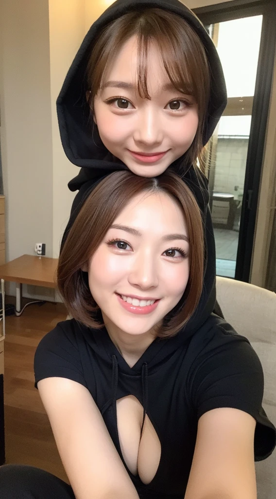 ((Highest quality、In 8K、masterpiece:1.3))、(ハイponytailのヘアスタイル、Dark brown hair)、、(Wear a lightweight hood:1.3)、(Instagram selfie poses:1.2)、(A pure and elegant girl)Beautiful feet、Human whole body、、Small Ass、One Girl、Beautiful Japanese Women:1.3、(ponytail、 outside:1.2)、Wear a lightweight hood:1.2、Beautiful woman with perfect style:1.4、Perfect Eyes、Calm Eyes、Perfect Iris、Perfect Lips、Natural smile、Smiling Face、Perfect Skin、Do not polish、Super detailed face、Delicate eyes、double eyelid、Exposed cleavage、Soft Breasts