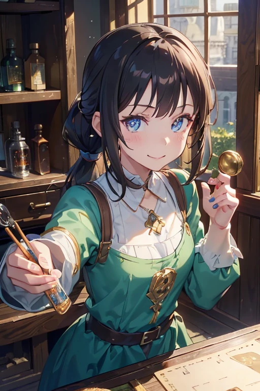 (fantasy:1.5),(anime,8k,masterpiece, top quality, best quality,beautiful and aesthetic:1.2,professional illustrasion:1.1,ultra detail:1.3,perfect lighting),extremely detailed,highest detailed,incredibly absurdres , highres, ultra detailed,intricate:1.6,(Alchemy Workshop:1.4),(A girl mixing Medicine in many small bottles,holding small potion),colorful:1.4,zentangle,(highly detailed beautiful face and eyes,firm breasts),oily skin,(black,hair,short bob with short pony tail hair)),thin pubic hair,cute,lovely,17 years old girl,alchemist costume,random Clothing,smile,in the kitchen,smile,seductive smiling,(with sparkling eyes and a contagious smile), Looking at Viewer, 