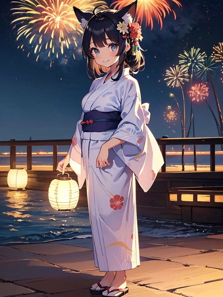 (masterpiece, Highest quality, Super detailed),One girl,((super fine illustration)),((cute eyes,highly detailed skin)),((smile)),(well endowed,Blessed,Captivating body、Detailed Background)、(yukata:1.5),firework,(大量のfirework,Night view,Ocean)、Festivals, full body、 Long Hair, Ahoge, Animal ears, chest, Fox&#39;s Tail