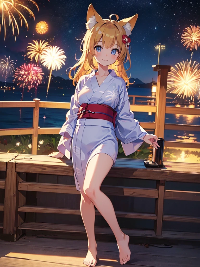 (masterpiece, Highest quality, Super detailed),One girl,((super fine illustration)),((cute eyes,highly detailed skin)),((smile)),(well endowed,Blessed,Captivating body、Detailed Background)、(yukata:1.5),firework,(大量のfirework,Night view,Ocean)、Festivals, full body、 Long Hair, Ahoge, Animal ears, chest, Fox&#39;s Tail