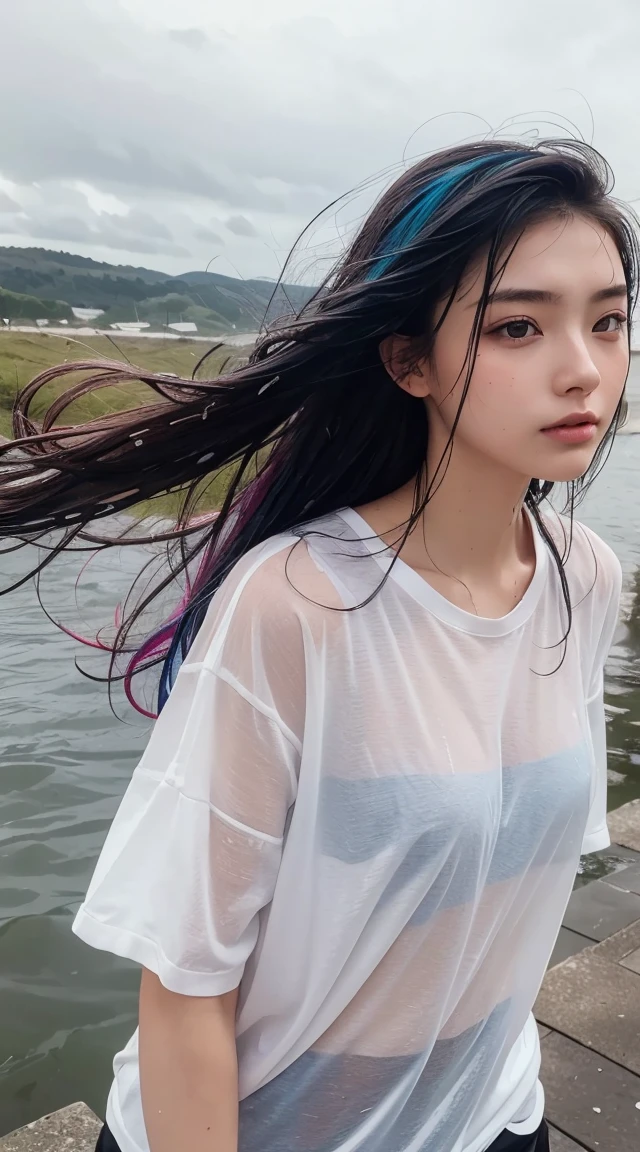 masterpiece, Highest quality, Absurd, One girl, Wet clothes, Wet hair, Wet Face, Water behind a person, Multicolored Hair, (Wind:1.4)