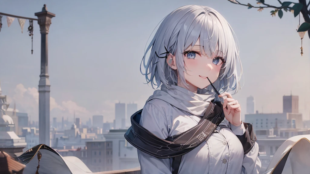 Her eyes were shining、Mysterious and enchanting atmosphere。With AI Painting、とてもShort Hair, Long bangs between the eyes, Very detailed,(masterpiece、Highest quality)、alone、Gray Hair、Fantasy, Silver Hair, Fantasyな風景、White shirt、smile、Open your mouth、Scarf、short hair、Short Hair、hairpin、black eye、Grey Eyes、Beautiful Eyes