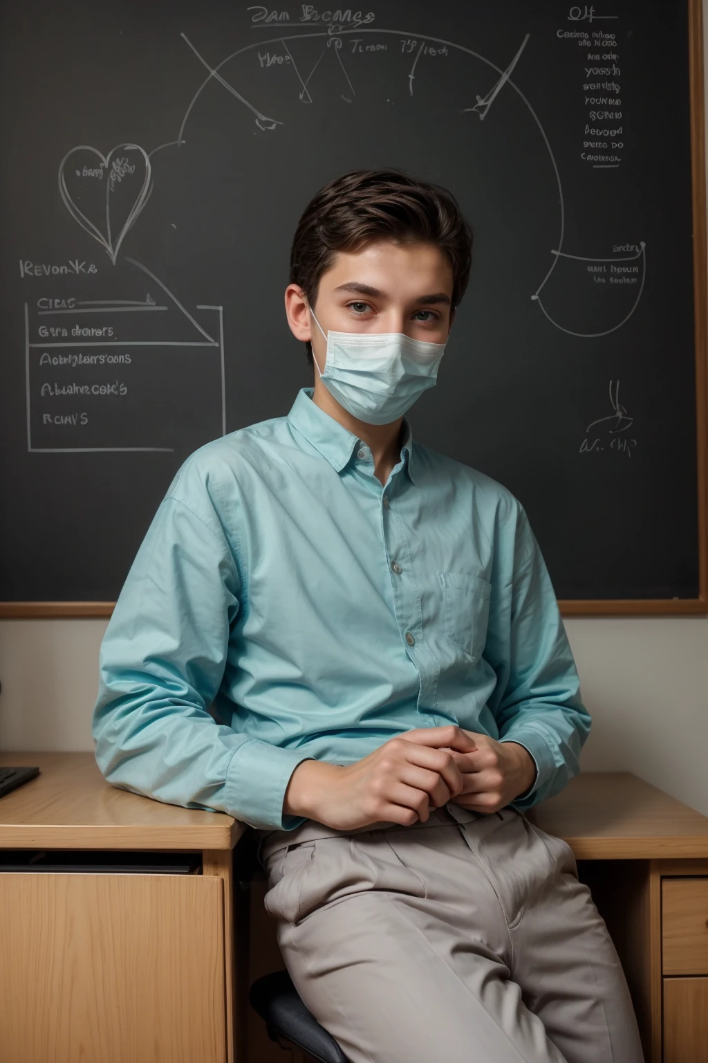 A beautiful young man, male, a cute twink, with black hair, wearing a long-sleeved white shirt and aqua blue pants, and he is in his scientific office, and behind him is a blackboard with the shape of the brain and its anatomy written on it, and next to him is the shape of the heart and its anatomy, and he looks proudly, with a face covered in makeup, and he is sitting at a desk containing On books