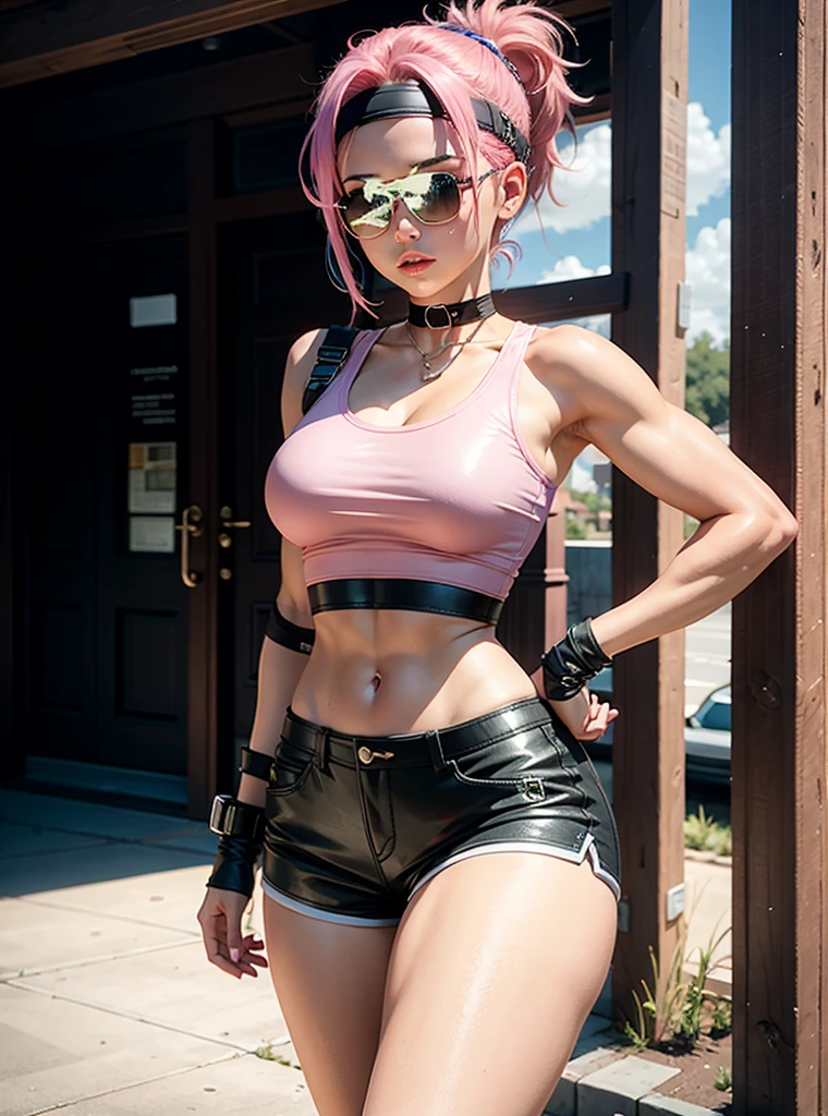 Girl with pink hair, , Beautiful athletic body, leather shorts and tank top, Choker