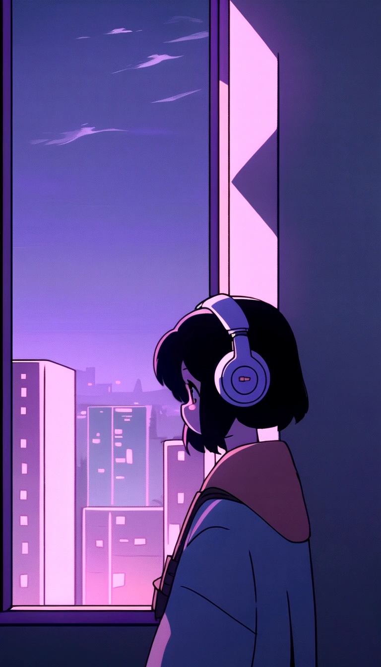 Anime girl wearing headphones looking out the window at the city, Lo-fi Girl, Anime atmosphere, Lofi Artstyle, Anime Style 4k, Anime Aesthetics, Nightcore, Lo-fi feeling, Lofi Art, anime art wallpaper 4k, anime art wallpaper 4k, anime wallpaper 4k, anime wallpaper 4k, An atmosphere of praise