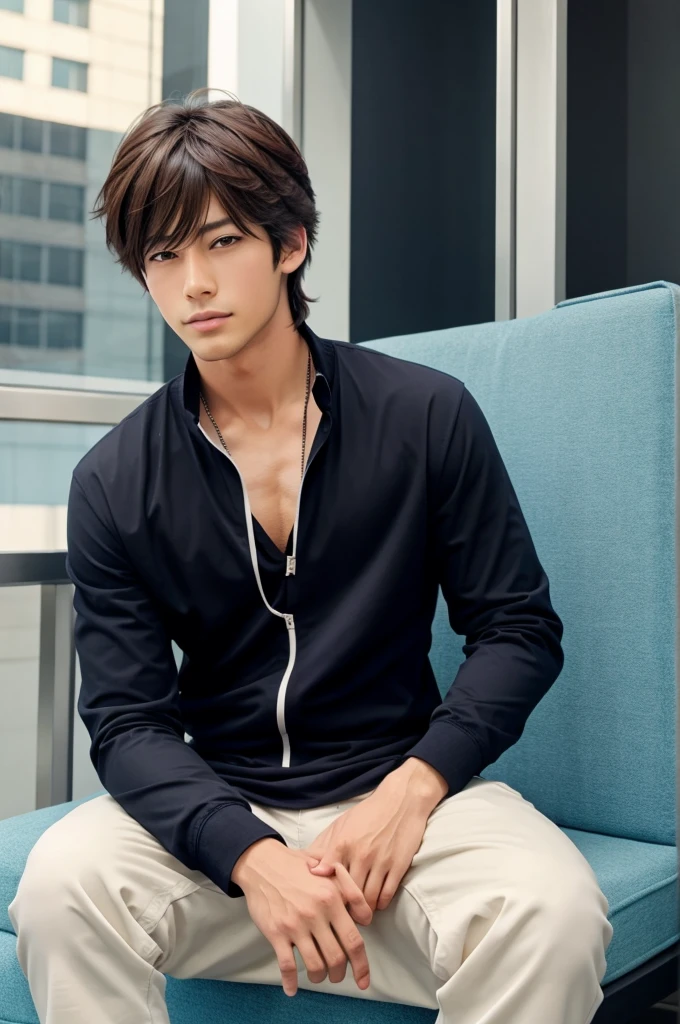 A cool handsome anime boy sitting